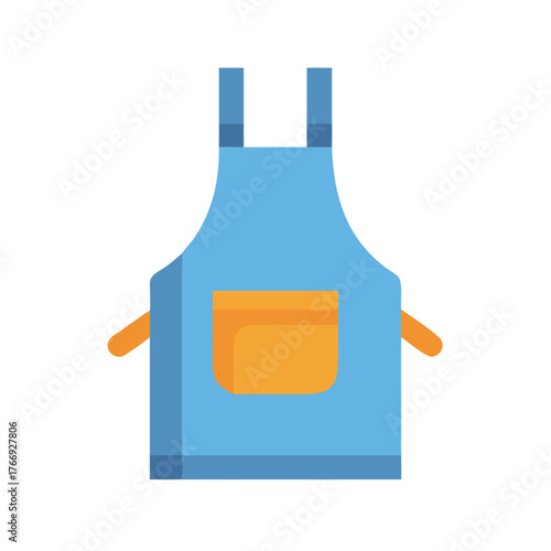 Stylized illustration of a blue kitchen apron with orange pocket and straps