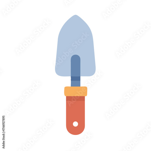 Isolated garden trowel with light blue and red handle against black background