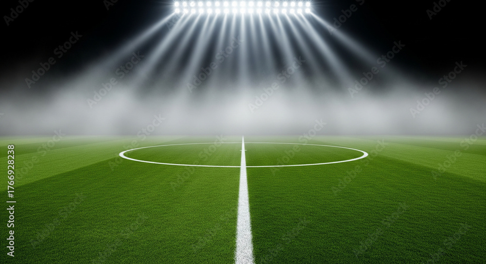 Obraz premium Illuminated soccer field at night bright stadium lights shining down perfect for sports and competition themes