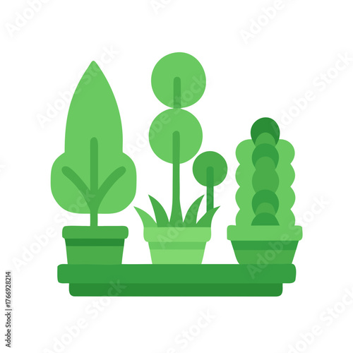 Three stylized potted plants arranged on a shelf against a black background.