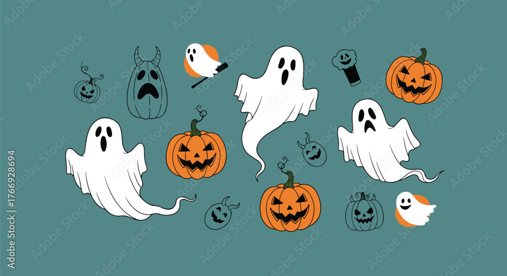 Obraz premium A whimsical illustration of Halloween pumpkins and ghosts on a teal background, perfect for spooky holiday designs.
