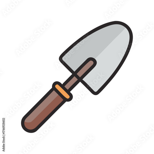 Illustration of a simple gardening trowel with brown handle on black background