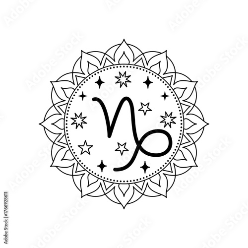 Capricorn zodiac sign in  line art  style with mandala frame. Handdrawn celestial symbol illustration.
