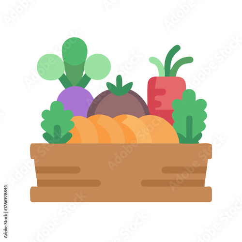 Flat vector illustration of vegetables in a wooden box on a black background