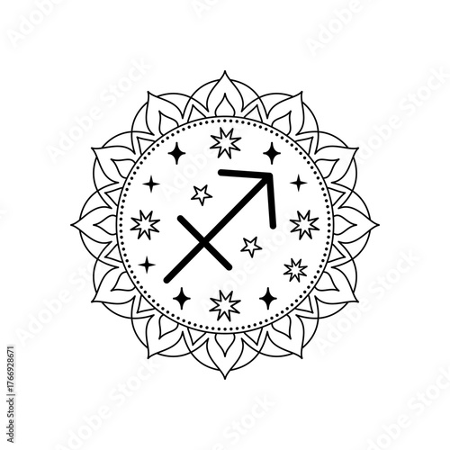 Sagittarius zodiac sign in  line art  style with mandala frame. Handdrawn celestial symbol illustration.