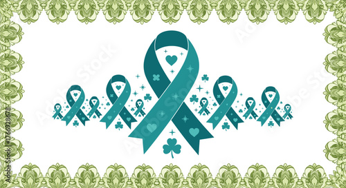 Teal awareness ribbons with hearts and shamrocks on a white background with decorative borders.
