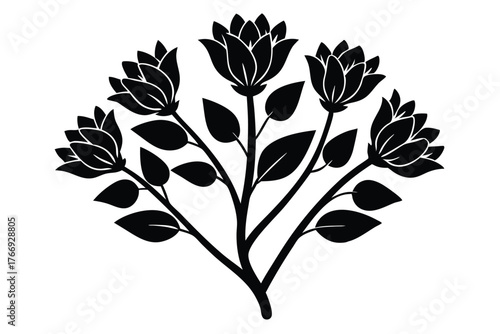 Five symmetrical flowers sprout from dark stems, showcasing bold floral silhouettes against a plain backdrop