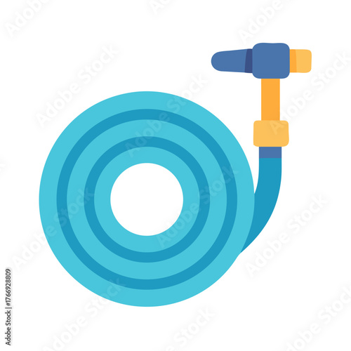Coiled garden hose with nozzle illustration on a black background, flat design