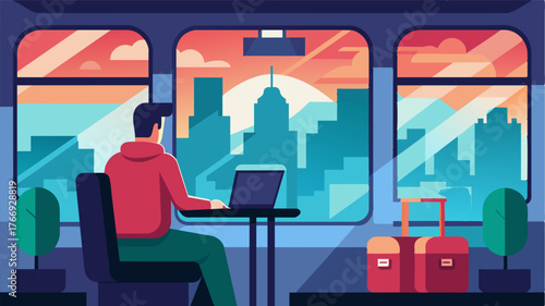 Amidst the hustle and bustle of the crowded train station the digital nomad found a quiet corner to set up their temporary office for the day enjoying the unique view of the. Vector illustration