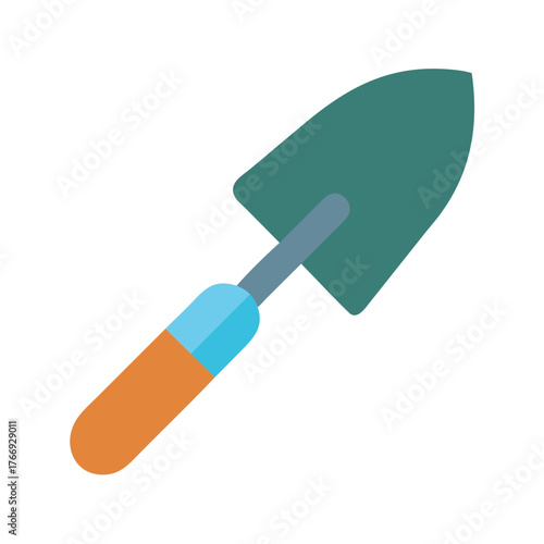 Minimalist garden trowel illustration with teal blade, blue accent, and orange handle