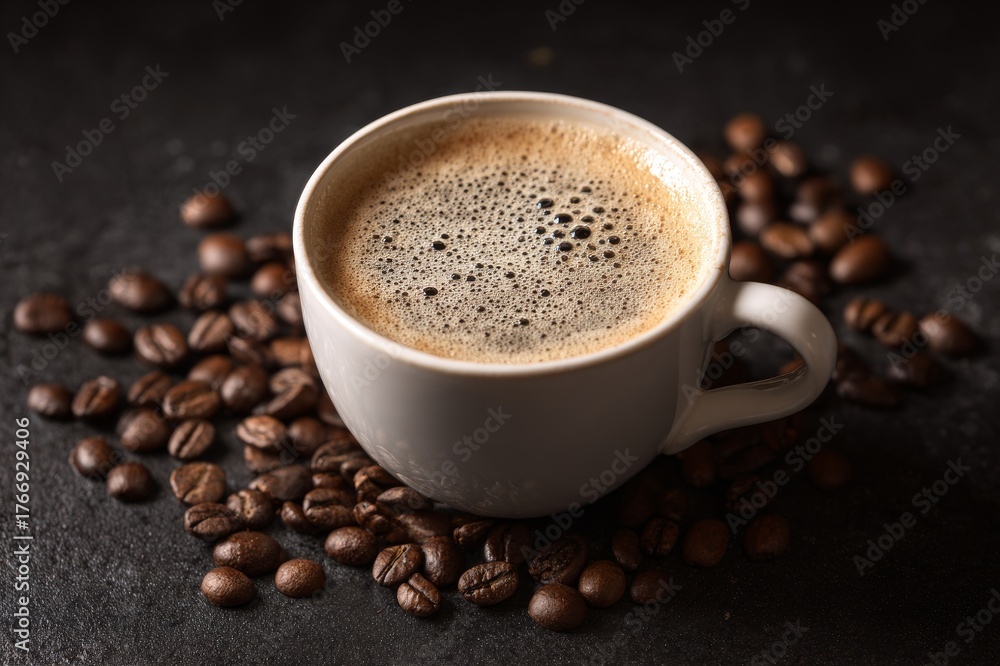 Fototapeta premium Black table with espresso cup and scattered beans