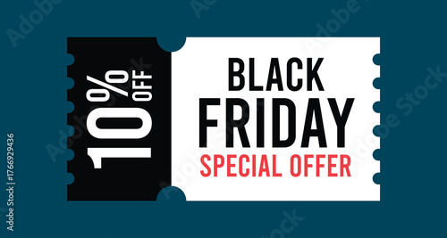 Black Friday Discount Coupon with 10 Percent Off Special Offer Text on Ticket Shape Isolated Flat Style Vector Icon