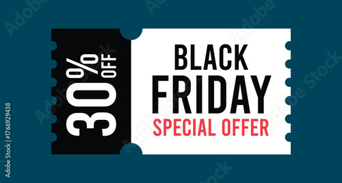 Black Friday Discount Coupon with 30 Percent Off Special Offer Text on Ticket Shape Isolated Flat Style Vector Illustration
