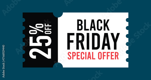 Black Friday Discount Coupon with 25 Percent Off Special Offer Text on Ticket Shape Isolated Flat Style Vector Illustration