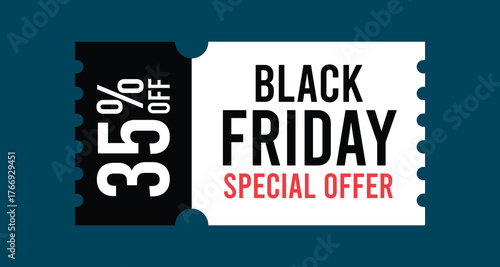 Black Friday Discount Coupon with 35 Percent Off Special Offer Text on Ticket Shape Isolated Flat Style Vector Illustration