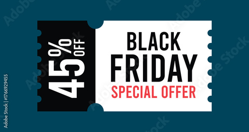 Black Friday Discount Coupon with 45 Percent Off Special Offer Text on Ticket Shape Isolated Flat Style Vector Illustration