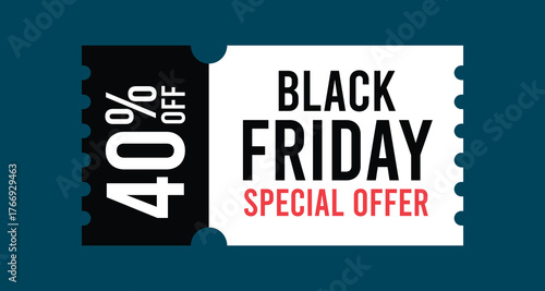 Black Friday Discount Coupon with 40 Percent Off Special Offer Text on Ticket Shape Isolated Flat Style Vector Illustration