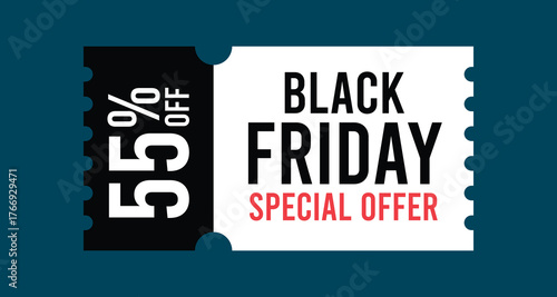 Black Friday Discount Coupon with 55 Percent Off Special Offer Text on Ticket Shape Isolated Flat Style Vector Illustration