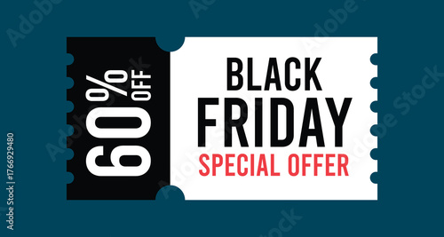 Black Friday Discount Coupon with 60 Percent Off Special Offer Text on Ticket Shape Isolated Flat Style Vector Illustration