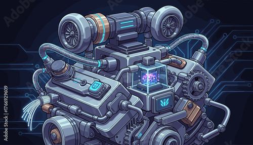 Futuristic and intricate automobile engine components with glowing blue accents and visible circuitry, showcasing advanced technology and mechanical engineering in a detailed, stylized illustration