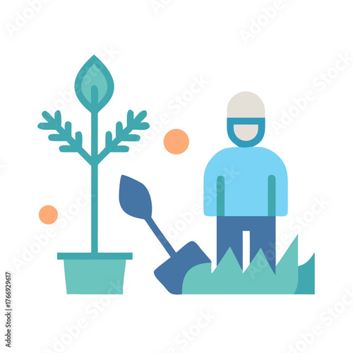 Person planting a tree in a pot with a shovel icon