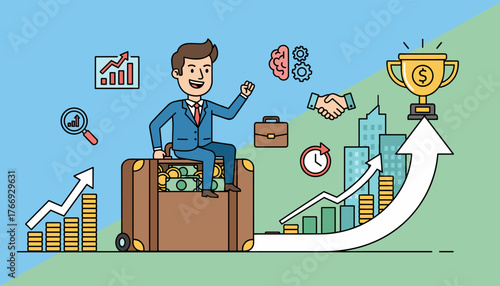 Successful businessman in a suit sitting on a suitcase full of money and coins, celebrating success with a trophy and upward trending graphs symbolizing investment growth, financial strategy, and