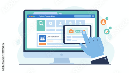 Digital illustration of a hand interacting with a computer screen displaying an online career hub with job vacancies and a post job option, symbolizing modern recruitment and employment opportunities.