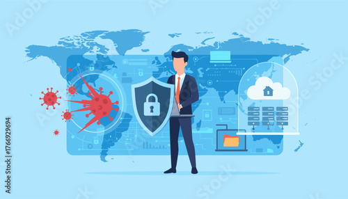 Global cybersecurity concept: a businessman holding a shield with a lock symbol, protecting against digital threats like viruses and data breaches, with a world map and cloud computing servers in the