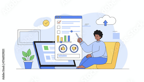 Modern flat illustration of a person sitting in a chair, interacting with an online survey and evaluation form on a laptop screen, featuring charts, checkboxes, and like/dislike icons, symbolizing
