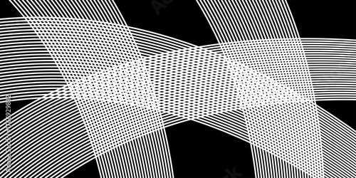 Abstract white geometric pattern of intersecting lines. Square line blend halftone. Design geometric element. Black background with pixelated horizontal lines of different sizes. black screen.