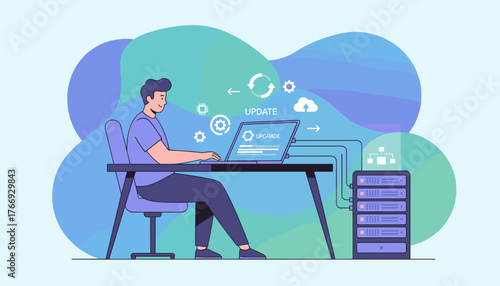 Modern flat illustration of a person working on a laptop, symbolizing software updates and upgrades, connected to server racks and cloud technology, representing digital transformation and IT