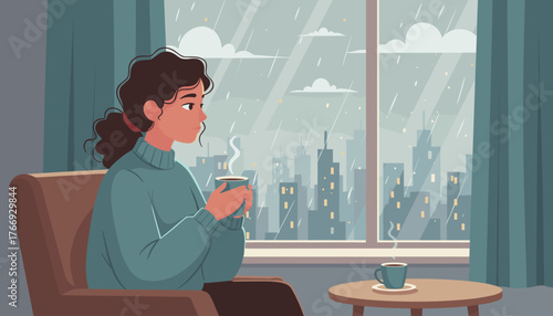 A pensive young woman with curly dark hair, wearing a cozy teal turtleneck sweater, sits in a comfortable armchair, holding a steaming cup of coffee and gazing out a large window at a rainy cityscape