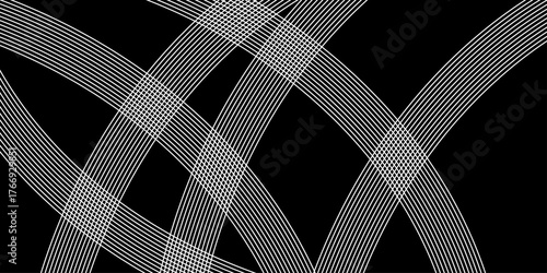 Abstract white geometric pattern of intersecting lines. Square line blend halftone. Design geometric element. Black background with pixelated horizontal lines of different sizes. black screen.