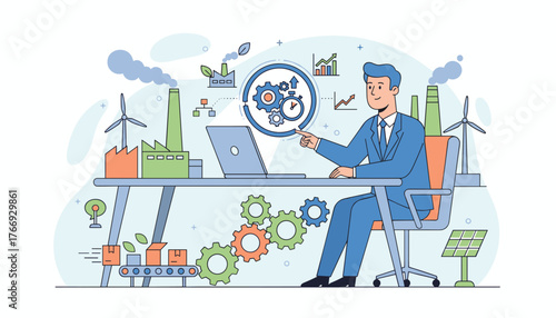 Modern business concept illustration of a businessman in a suit analyzing production processes on a laptop, surrounded by industrial elements like factories, wind turbines, solar panels, and a