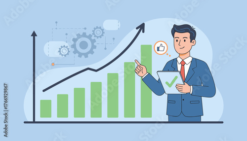 Business growth concept with a smiling businessman in a suit analyzing a tablet displaying a checkmark and a rising bar graph with gears and a thumbs-up icon, symbolizing project approval and