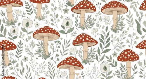 Seamless pattern of red and white spotted mushrooms with delicate foliage and flowers.
