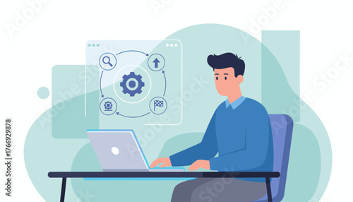 Modern flat illustration of a young man working on a laptop, visualizing project development and planning process with gears, search icon, upload arrow, and checkered flag, representing workflow and