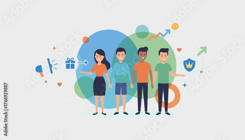 Referral marketing concept with diverse friends promoting a loyalty program, featuring a megaphone, gift box, growth chart, and shield with crown, symbolizing customer acquisition and brand advocacy