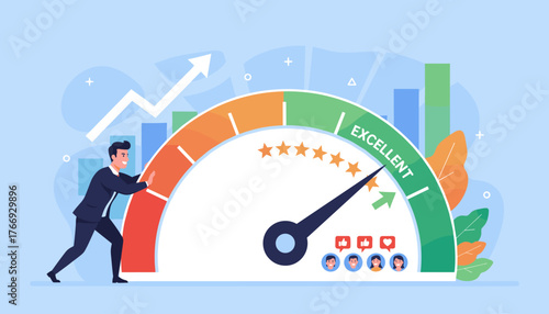 A determined businessman in a suit pushes a gauge towards 'Excellent', symbolizing the drive to improve skill levels, credit scores, or performance, with a rising graph and positive feedback icons in