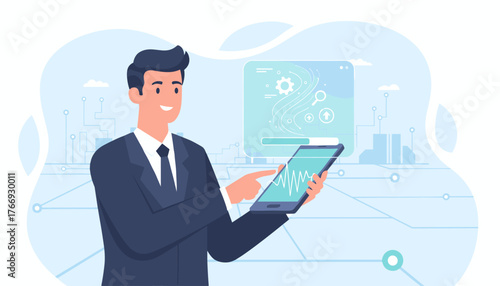 Modern businessman in a suit interacting with a tablet displaying a progress bar and system icons, representing software update or operating system upgrade concept, with futuristic city skyline in