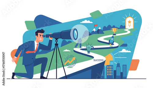 Visionary businessman with telescope looking towards a winding path symbolizing career development, success, and future opportunities, featuring elements like a rocket, trophy, and lightbulb.