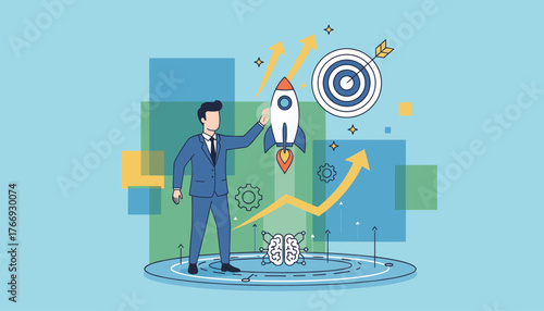 Vibrant illustration of a businessman in a suit launching a rocket, symbolizing startup success and business strategy, with a target, upward trending arrows, gears, and a brain graphic representing