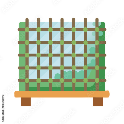 Graphic trellis with plants and sky in the background, standing on platform