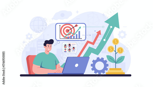 Vibrant illustration of a business objective concept, showcasing a person working on a laptop with upward trending graphs, a target, coins growing on a plant, and gears symbolizing progress and