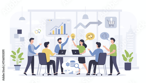 Diverse team of professionals collaborating in a modern office meeting, brainstorming innovative ideas, analyzing charts, and discussing strategies for sales growth and skill development, symbolizing