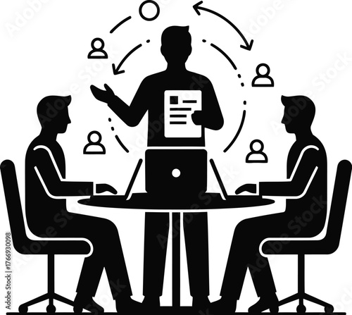 Modern Silhouette Vector of Small Group Collaboration at Table