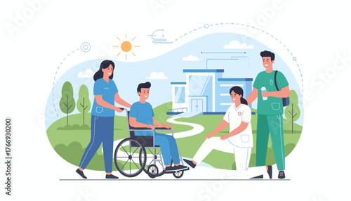Vibrant vector illustration depicting compassionate healthcare professionals assisting a smiling disabled person in a wheelchair outside a modern medical facility, symbolizing care and recovery in a
