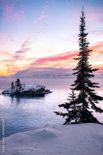 Winter Sunrise Over Snow-Covered Island on Lake Superior