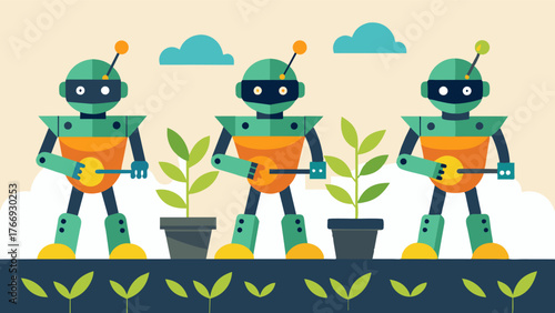 A group of robotic seed planters working together to plant seeds in a synchronized dance leaving evenly spaced rows behind them.. Vector illustration