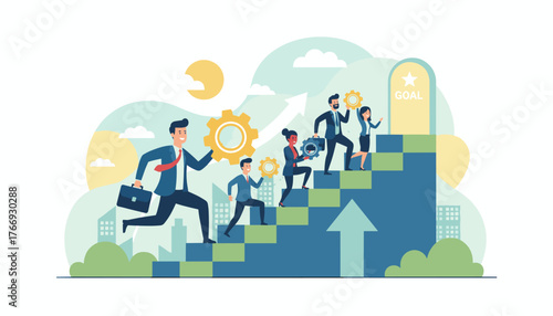 Vibrant flat-style vector illustration depicting a diverse team of business professionals ascending stairs towards a goal, symbolizing career growth, teamwork, and achievement with gears representing